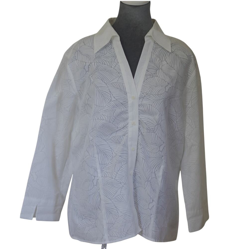 Talbots White Textured Button Down Blouse Women's 16 3/4 Sleeve Cotton Blend
